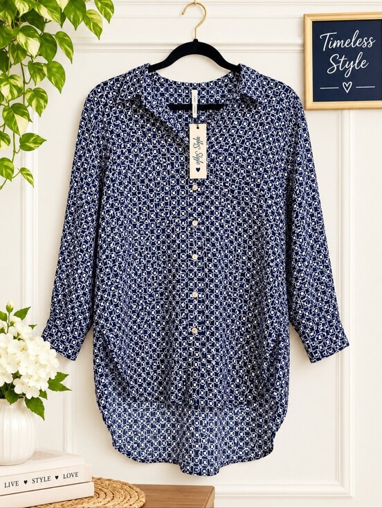 Grande and greene Tops - Navy Blue White Geometric Print Button Down Shirt Blouse Collared High Low Tunic